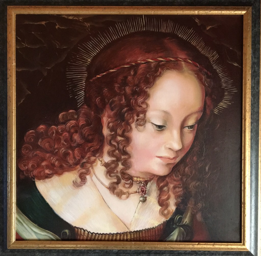 Ölgemälde nach Lucas Cranach: Kopf einer jungen Frau mit roten Locken und Heiligenschein