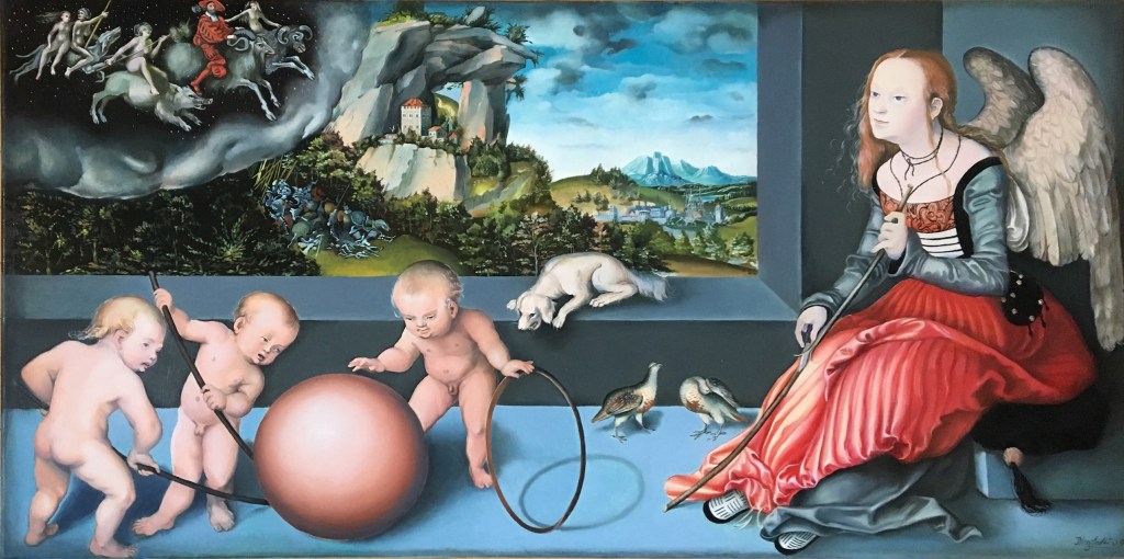 Ölgemälde nach Lucas Cranachs Melancholie: geflügelte Frau im roten Kleid, drei Kinder mit einer Kugel und eine Landschaft