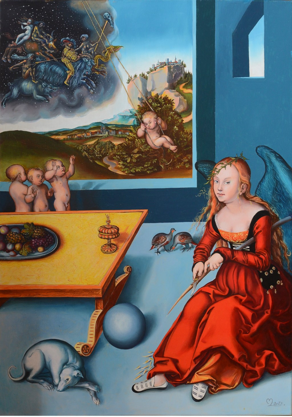 Ölgemälde nach Lucas Cranachs Melancholie: geflügelte Frau im roten Kleid neben einem Tisch, mit Kindern und schlafendem Hund